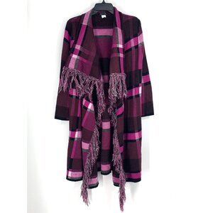 Notations Cardigan Plaid Fringe Pink Open Front Long Sleeve